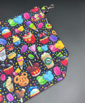Snacks on black wedge bag
