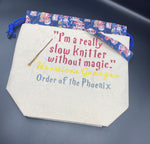 Knitting quote drawstring bag